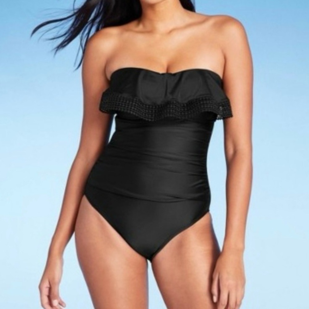 Kona Sol / Black Crochet Flounce Bandeau One Piece Swimsuit Size L
